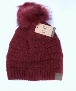TEN Dollar Boutique Accessories Burgundy Fur Pom Beanie