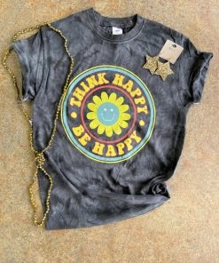 TEN Dollar Boutique Short Sleeves S-3X Think Happy Smiley- Black Crystal Wash