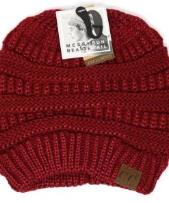 TEN Dollar Boutique Burgundy Metallic Messy Bun Beanie