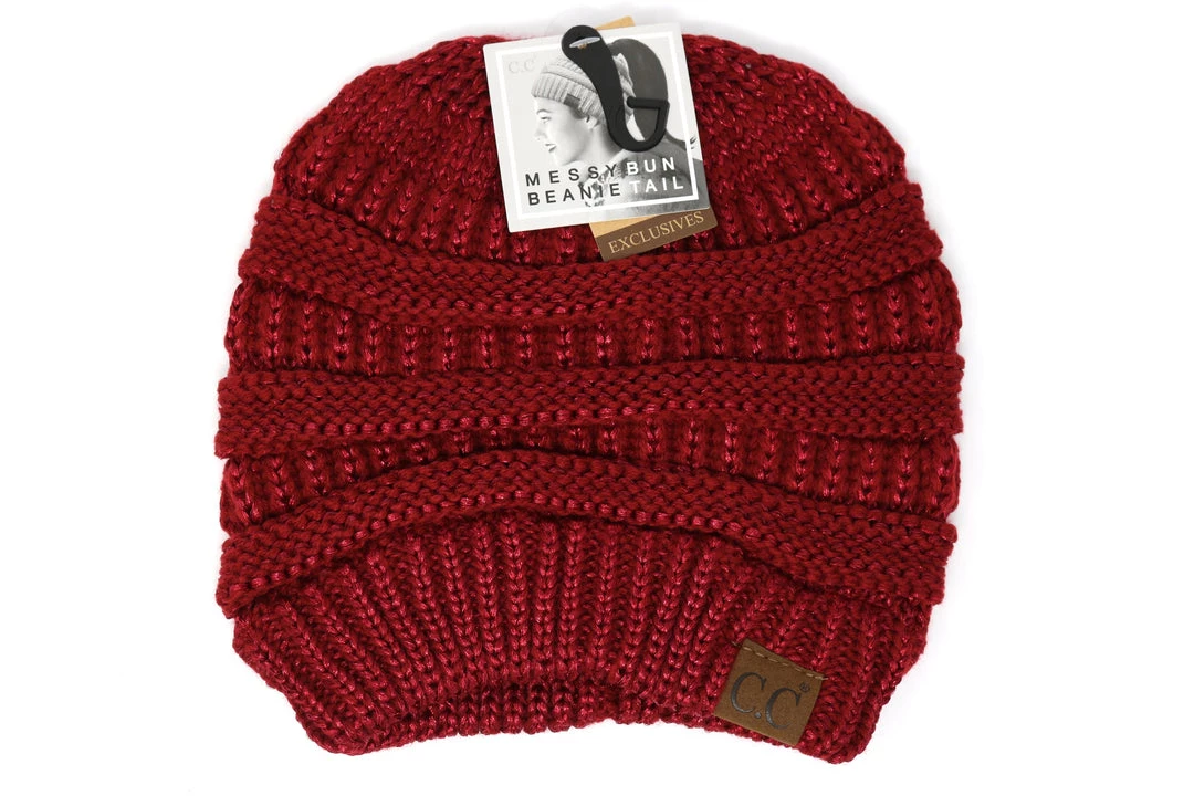 TEN Dollar Boutique Burgundy Metallic Messy Bun Beanie 3 TEN Dollar Boutique Burgundy Metallic Messy Bun Beanie