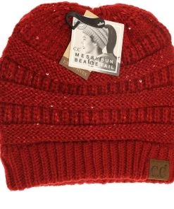 TEN Dollar Boutique Accessories Red Sequin Messy Bun Beanie