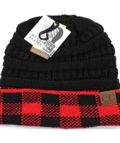 TEN Dollar Boutique Accessories Red/Black Plaid Messy Bun Beanie
