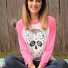 TEN Dollar Boutique Long Sleeves S-3X Sugar Skull- Pink/White Baseball Tee