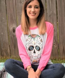 TEN Dollar Boutique Long Sleeves S-3X Sugar Skull- Pink/White Baseball Tee